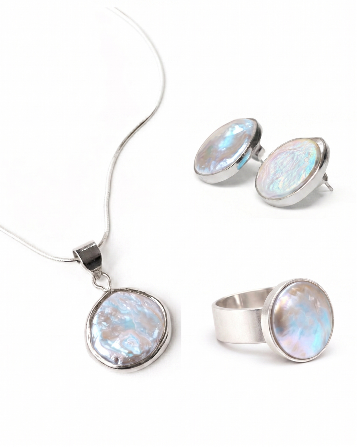 Set Madre Perla de Ferozza: aretes, collar y anillo con madre perla natural en baño de oro 24k — vista 2